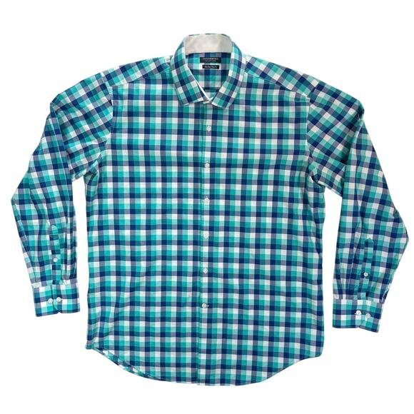 TailorByrd Trim Fit Non-Iron Plaid Shirt 16.5 34/35 Blue Green Cotton - Picture 2 of 7